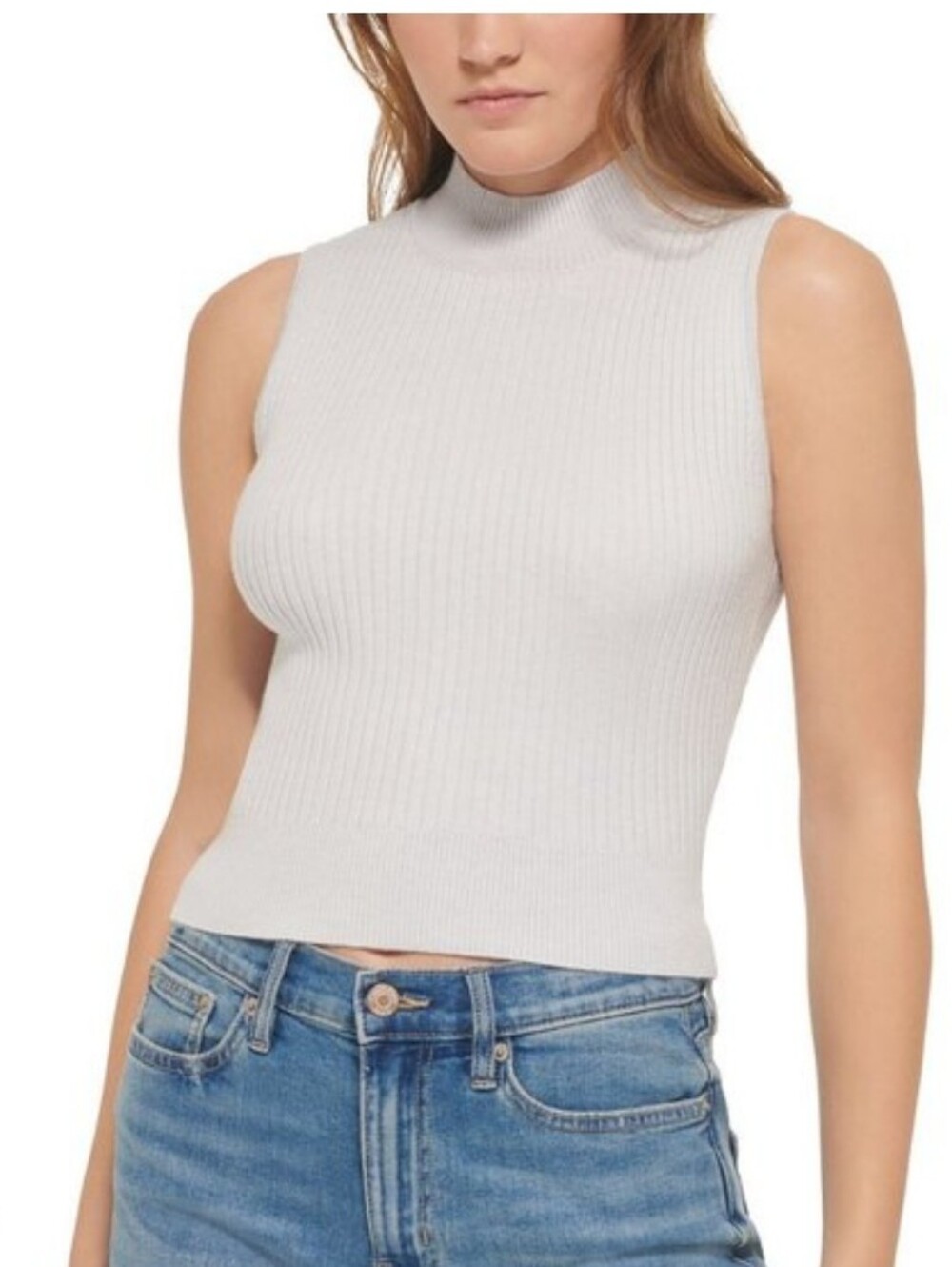 Debut Cropped Ribbed Sleeveless Cream Mock Turtleneck W/ Sparkle, S/M
